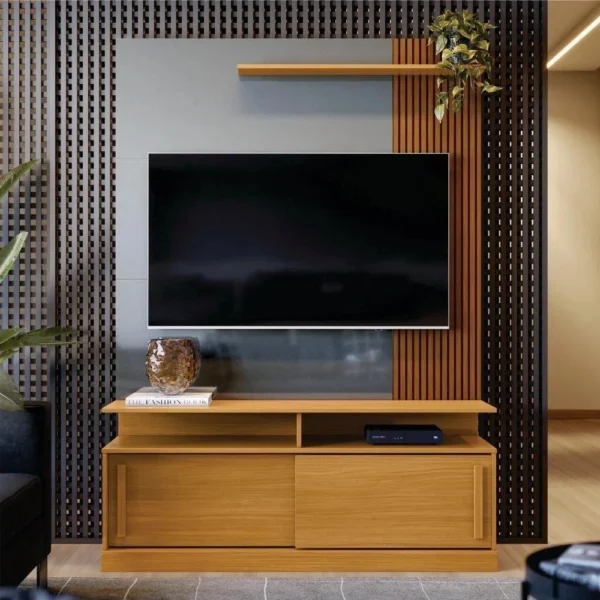 estante para tv com portas riviera tauari ripado cinza perolizado