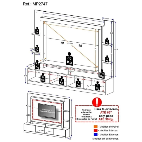 estante rack com painel e suporte tv 65 moscou multimóveis pretobranco