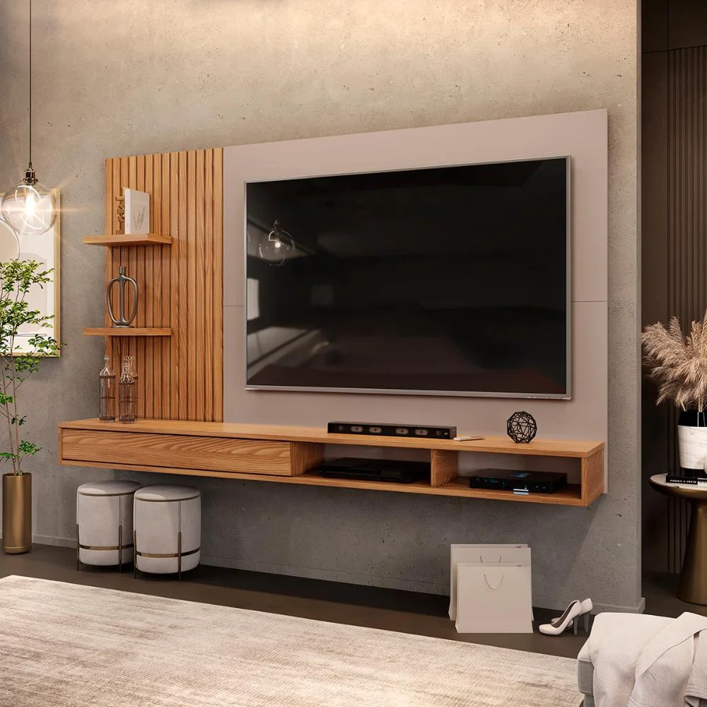 painel para tv até 60 polegadas ripado com nichos dj móveis bento carvalho griz