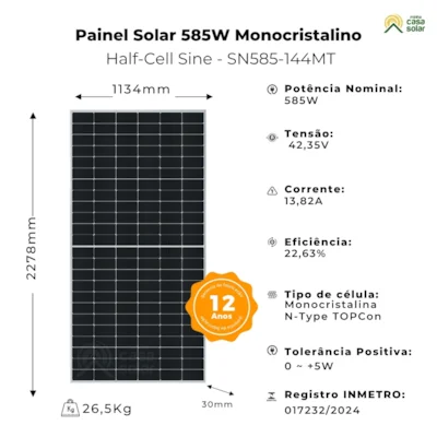 painel solar monocristalino 585w half cell sine energy sn585 144mt